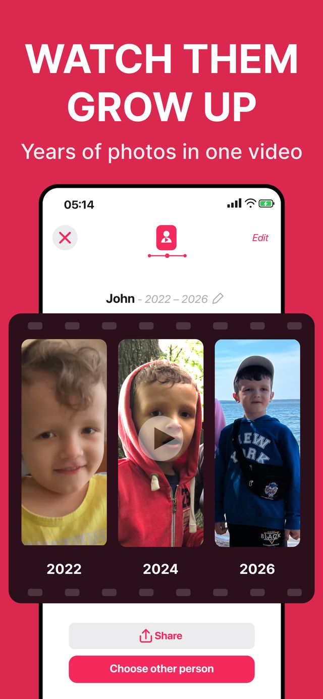 Timory memory video maker showing a child growing up from 2022 to 2026 in one timeline video