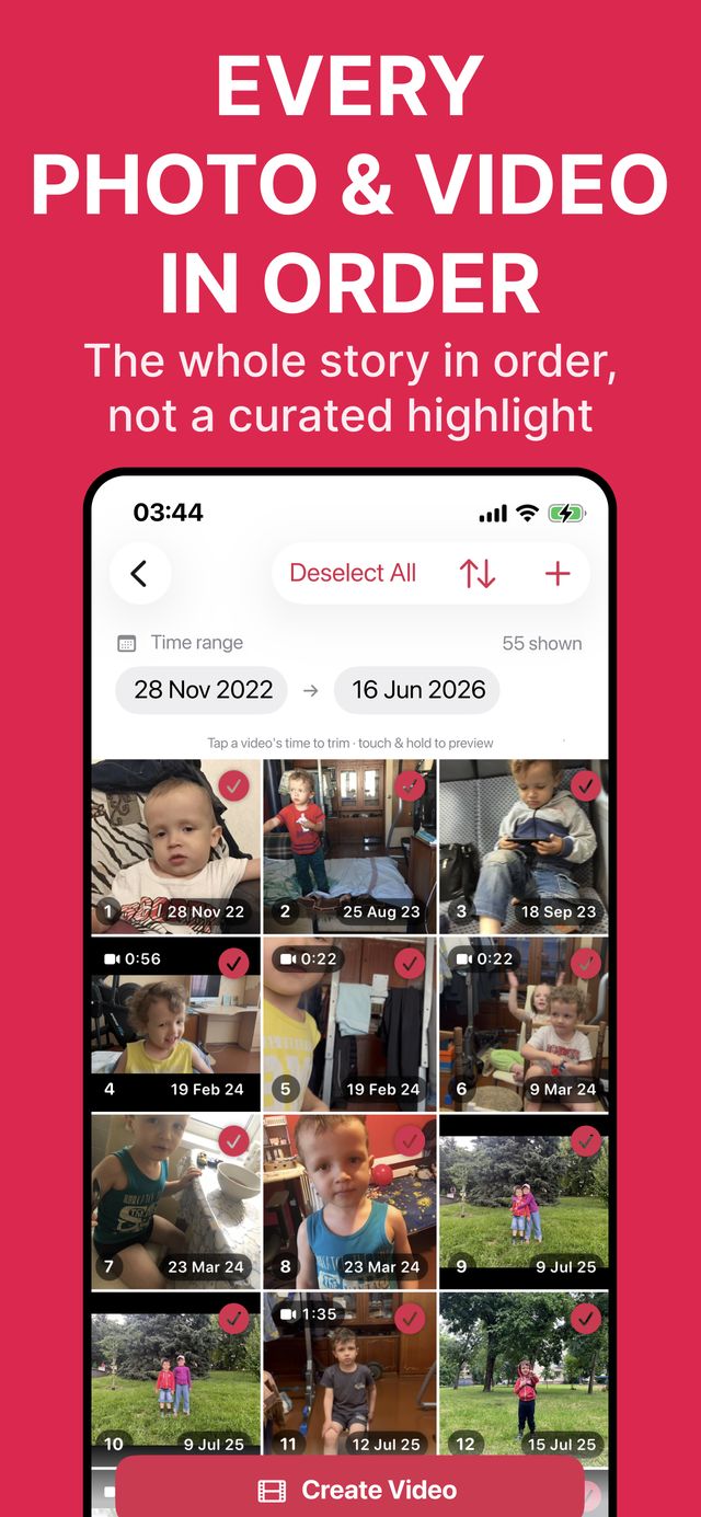 Every photo and video in order — the whole story, not a curated highlight