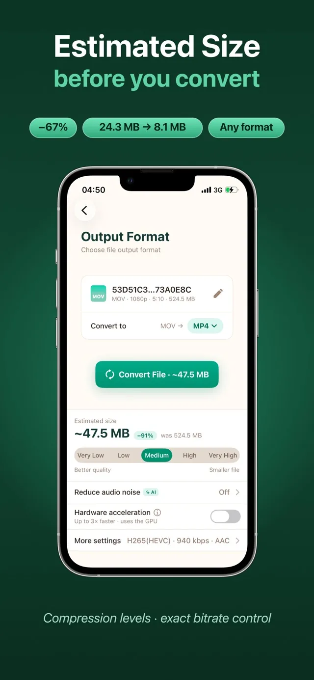 Estimated file size shown before converting a video on iPhone